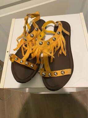 Gold Studded Fringe Sandals Size 9 | Boho Chic Open Toe Summer Shoes